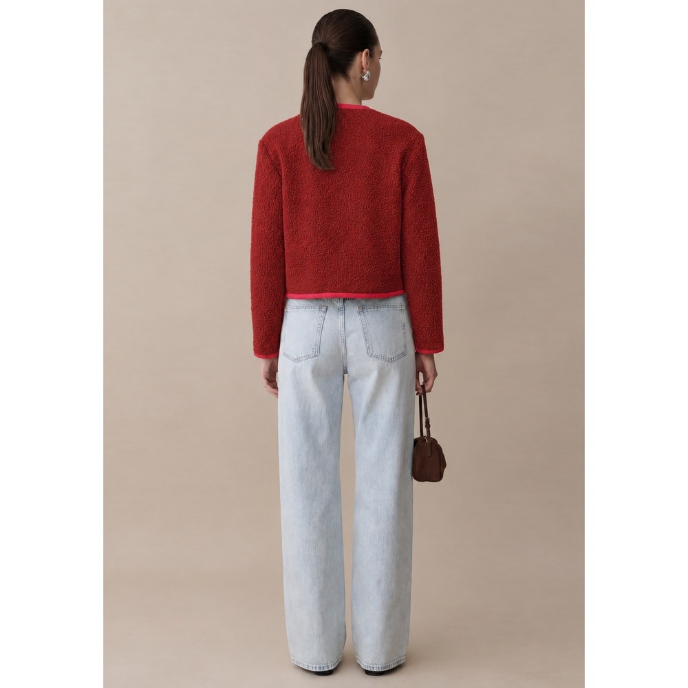 CAARA Joe Relaxed Fit Cropped Wool Boucle Red Jacket Rollneck Tweed Old Money - Picture 5 of 12